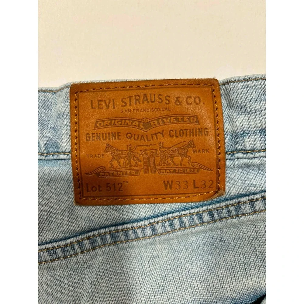 Levis 512 Slim Taper Fit Jeans Mens 33x32 Light Wash Distressed Ripped Big E